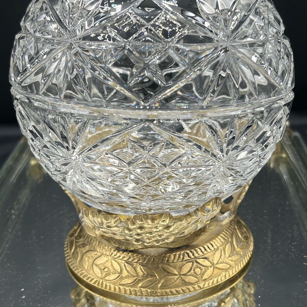 Vintage Royal Irish Crystal Rose Bowl 24% Lead Glass with Grape Brass Stand